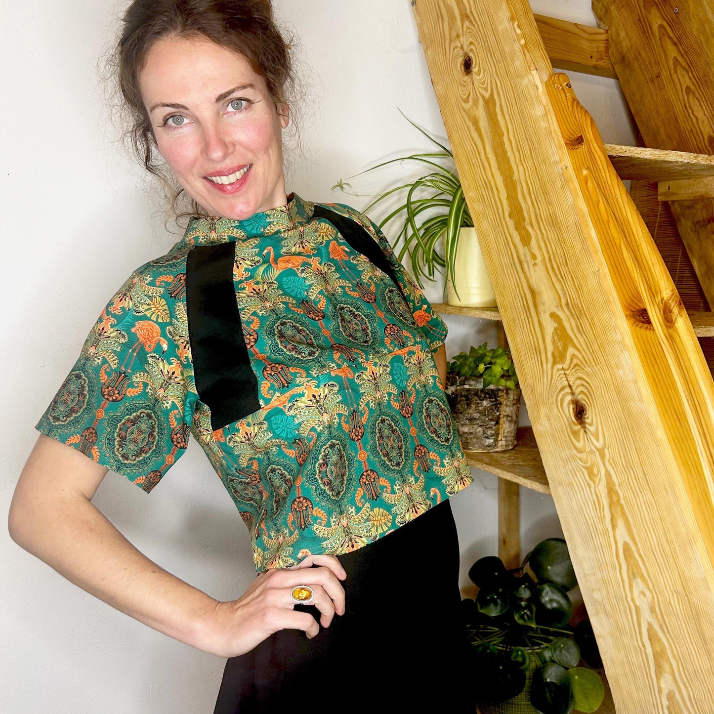 Cropped T-Shirt Flamingo Green Ornament