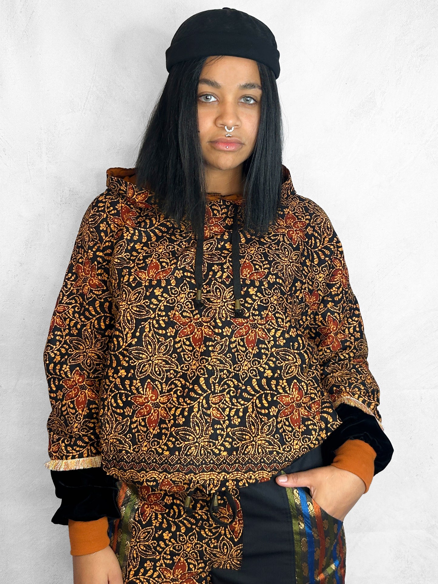 Hoodie Thai Black Orange Floral