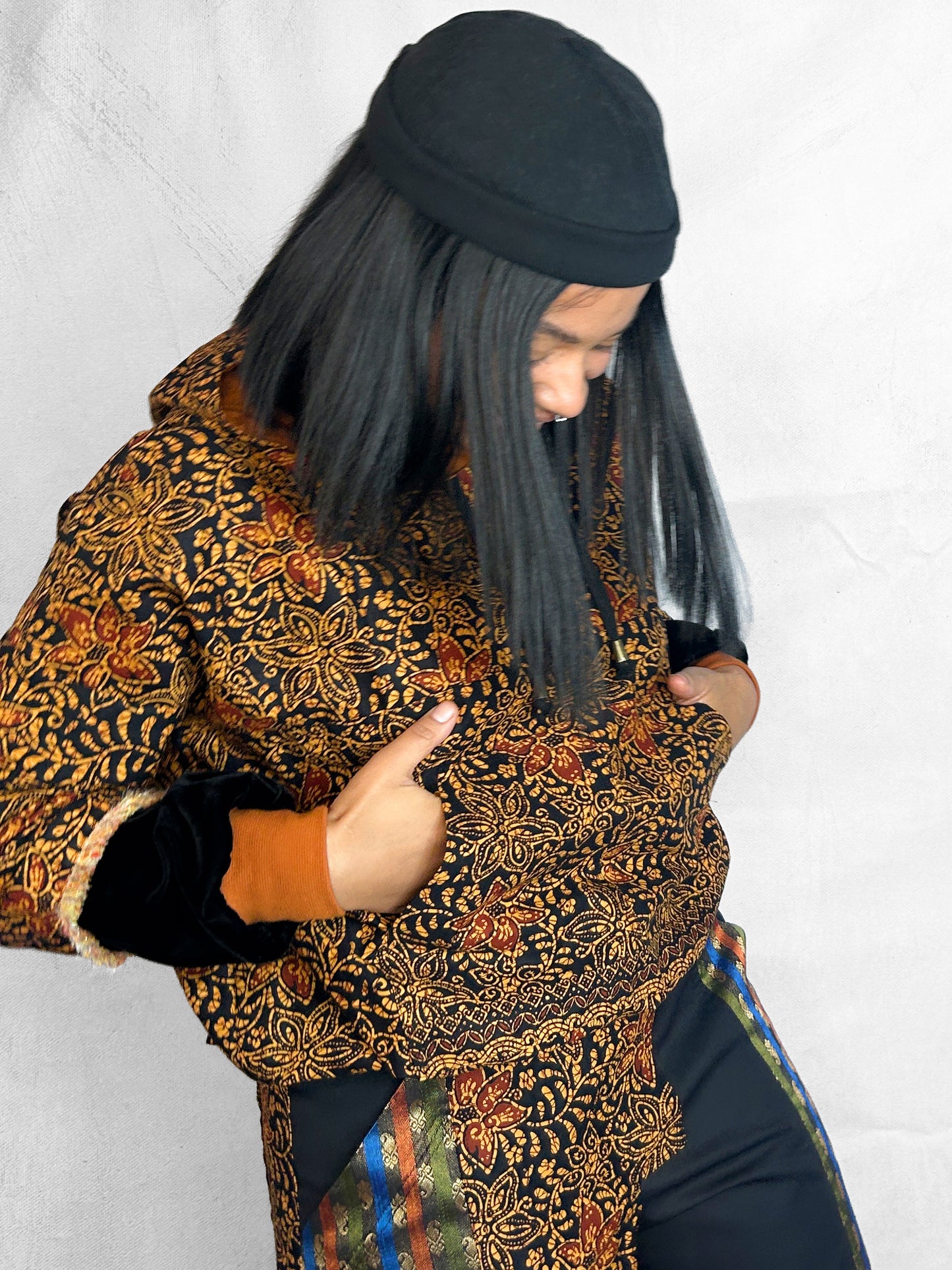 Hoodie Thai Black Orange Floral